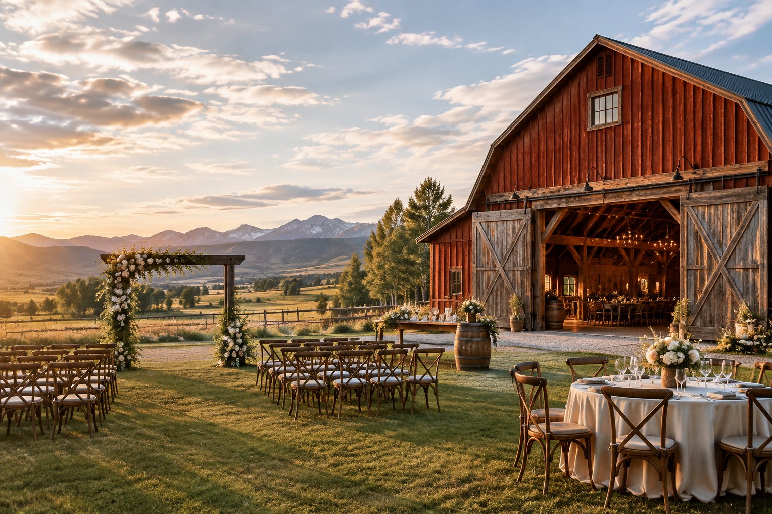 A restored red barn with an outdoor wedding ceremony setup in the Alberta countryside.