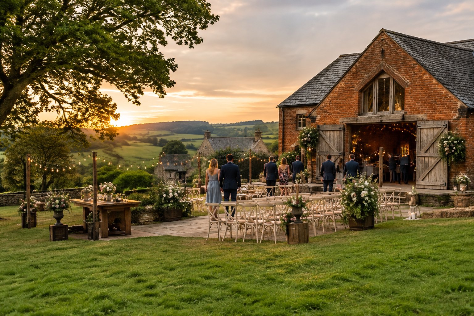 A rustic barn wedding venue surrounded by green countryside with outdoor seating, floral decorations, and warmly dressed guests.