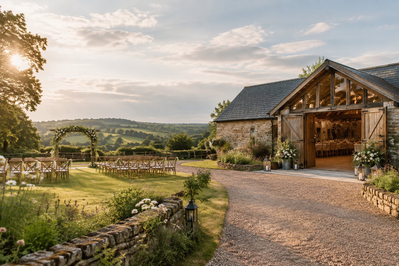 A rustic barn wedding venue surrounded by green countryside, with an outdoor ceremony area and warmly decorated barn entrance.