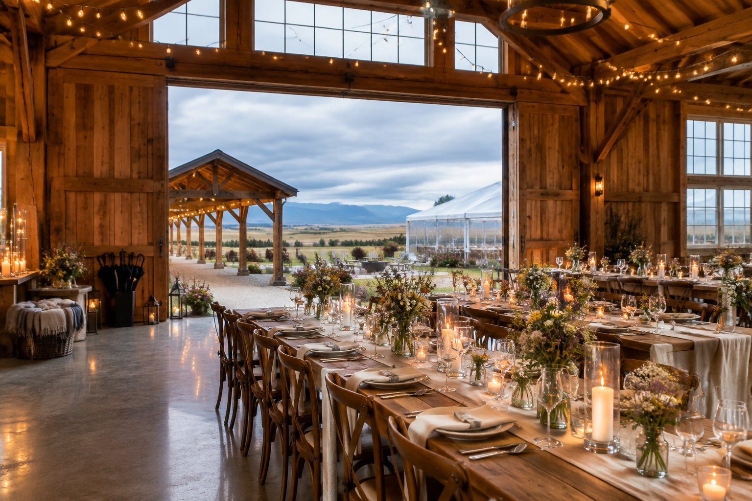 A rustic barn wedding reception overlooks the Alberta countryside, with warm lights, floral table settings, and weather-ready outdoor shelters.