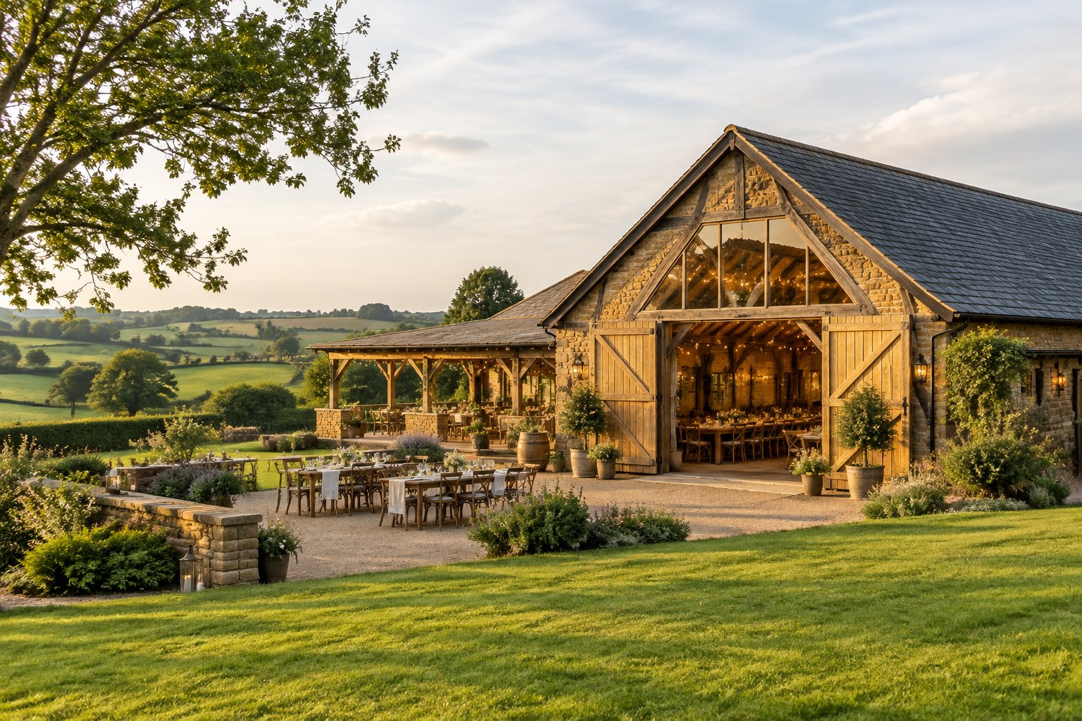 A restored barn wedding venue surrounded by green Cheshire countryside, with tables and floral decorations set outside.