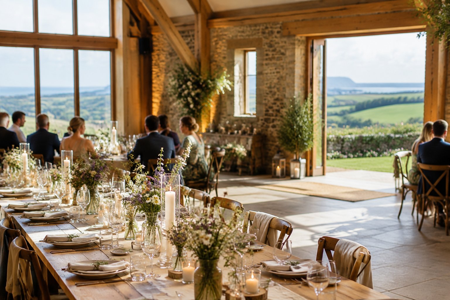 Rustic wedding reception in a restored barn overlooking green Lancashire countryside.