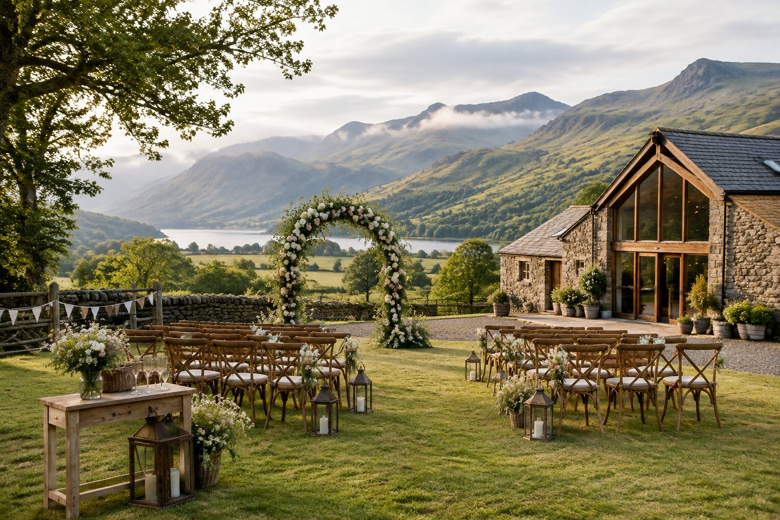 A rustic wedding barn surrounded by green meadows and hills in the Lake District, with chairs and a flower-decorated ceremony arch outside.