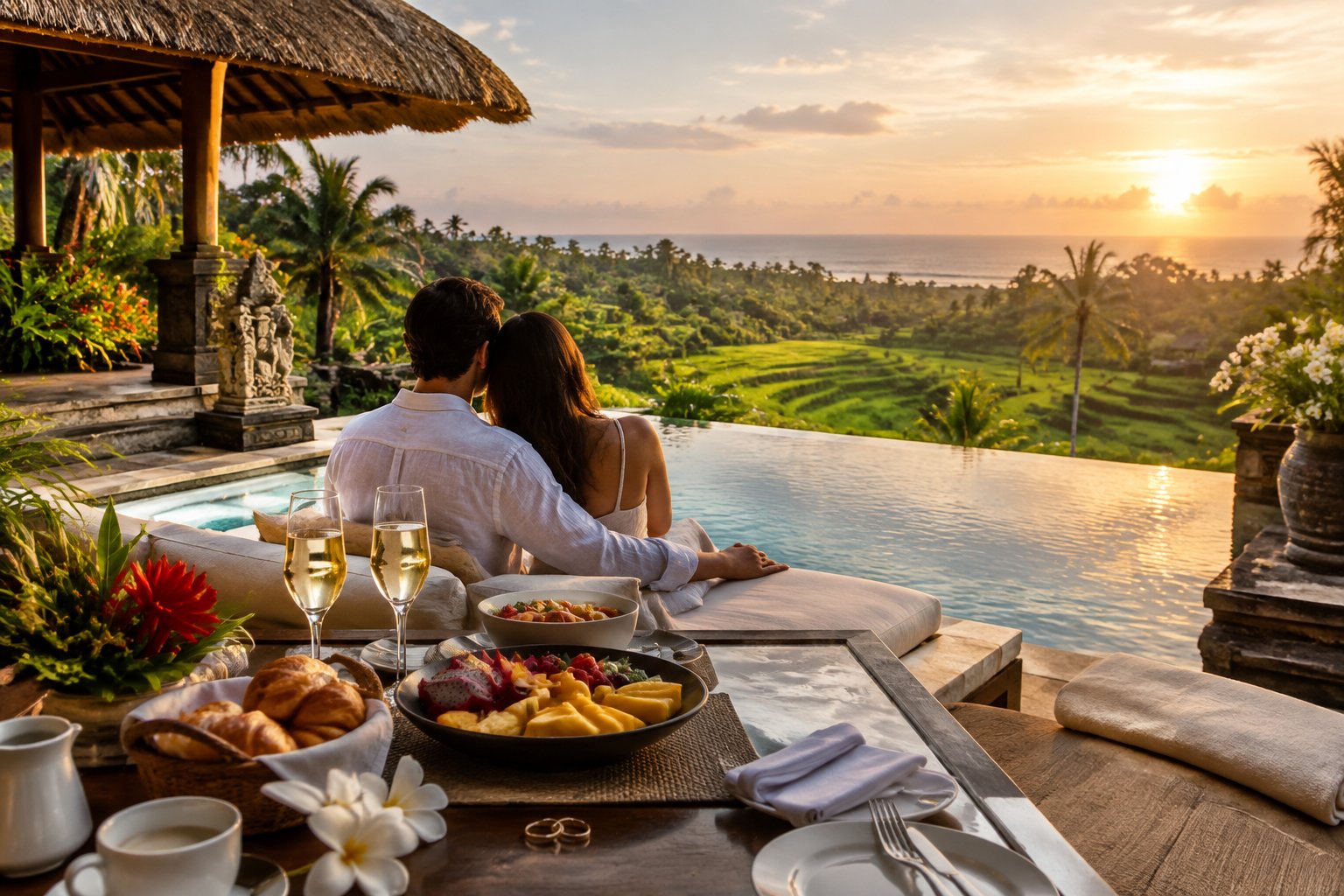 A couple enjoys a romantic breakfast beside a private infinity pool overlooking Bali’s tropical landscape.