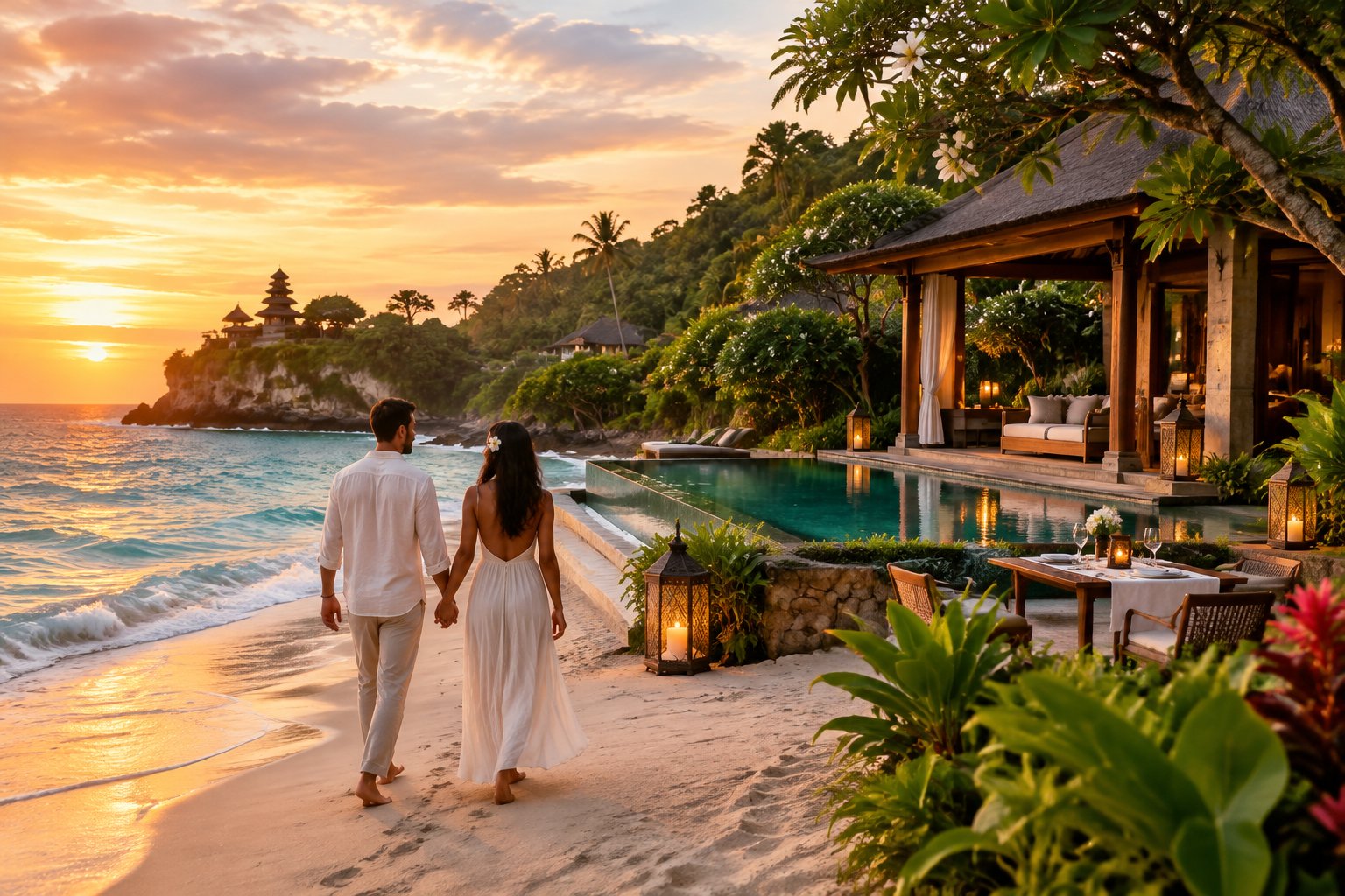 A couple walks hand in hand along a tropical Bali beach beside a luxury resort at sunset.