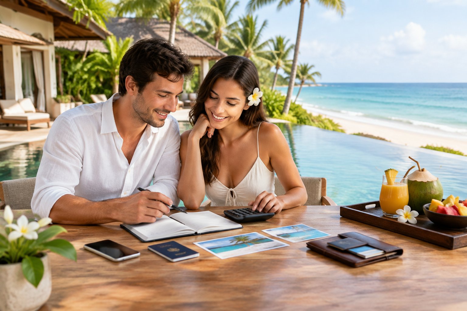 A newlywed couple reviews vacation expenses at a tropical Bali resort beside the beach.