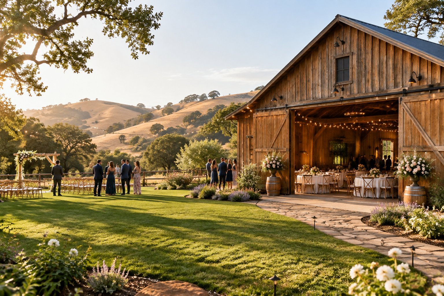 A rustic barn wedding venue with floral decorations, outdoor tables, rolling hills, and wedding guests.