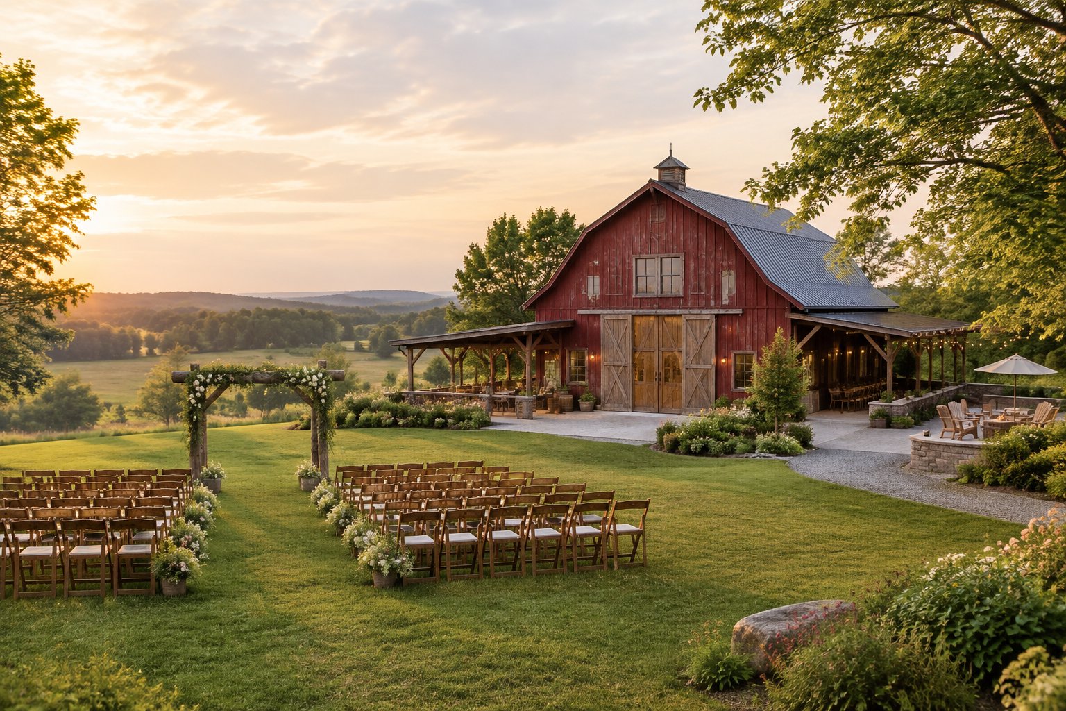 A rustic barn wedding venue with wooden chairs and a floral ceremony arbor in a green countryside setting.