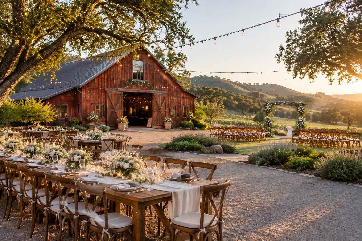 A rustic barn wedding venue with decorated reception tables, string lights, and green rolling hills in the background.