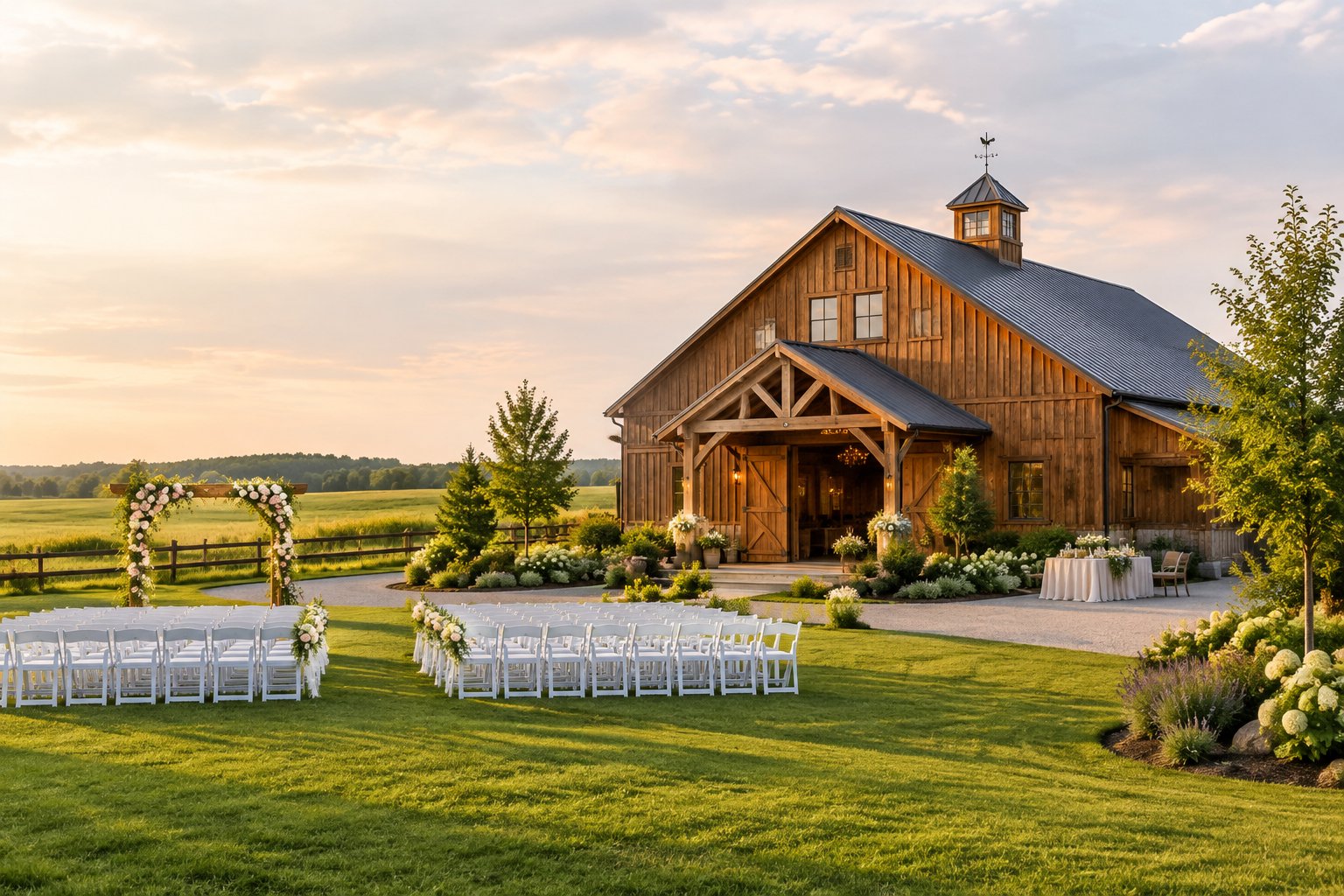 A restored timber barn and outdoor wedding ceremony setup surrounded by green countryside.