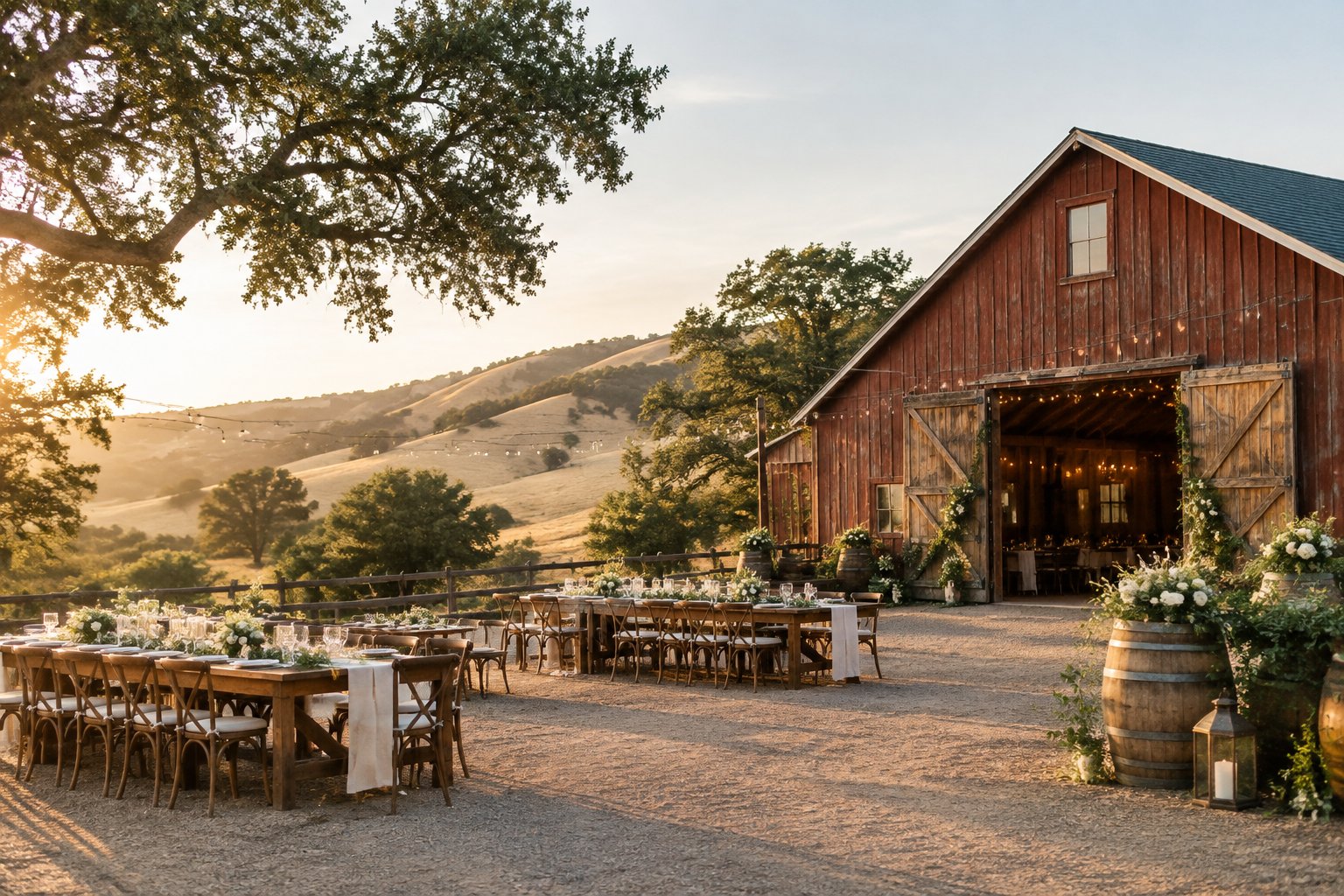 A rustic barn wedding venue surrounded by golden hills, oak trees, tables, and simple floral decorations.