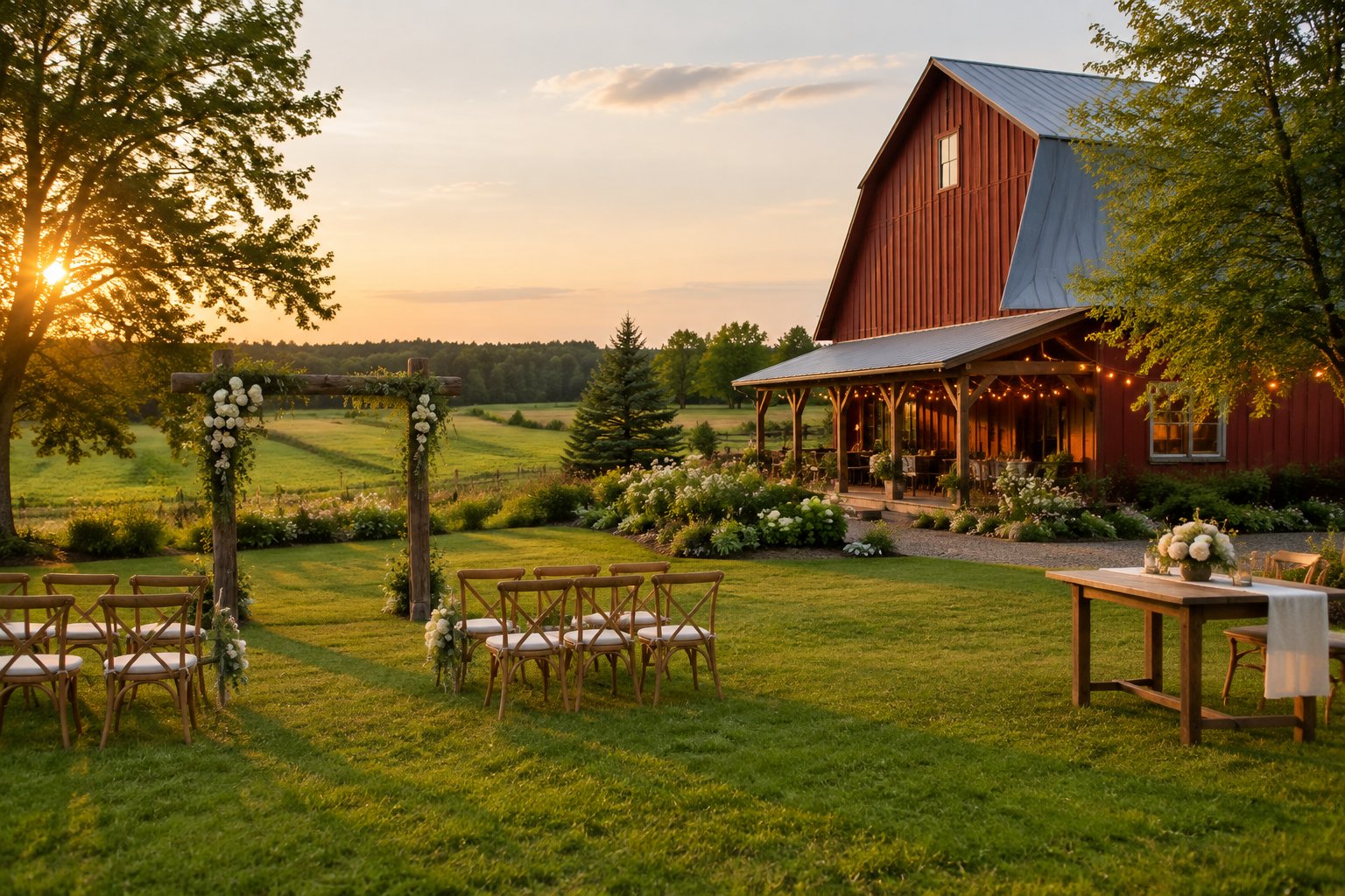 A rustic barn wedding venue surrounded by gardens, trees, and open countryside.