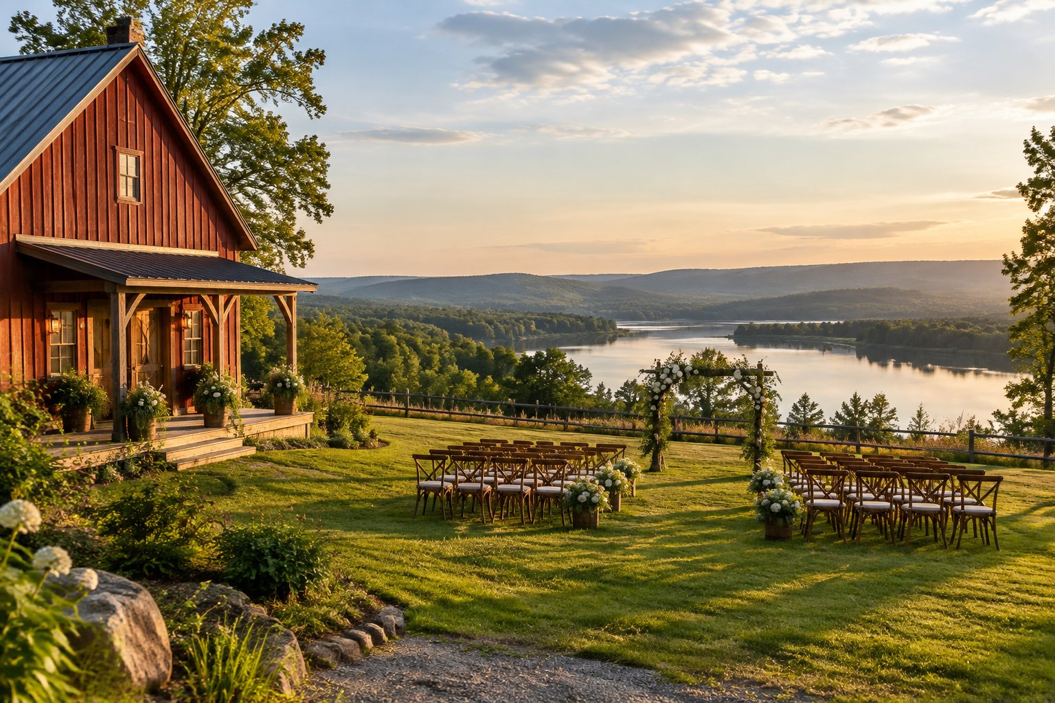 A rustic barn wedding venue overlooks a calm river and wooded hills.