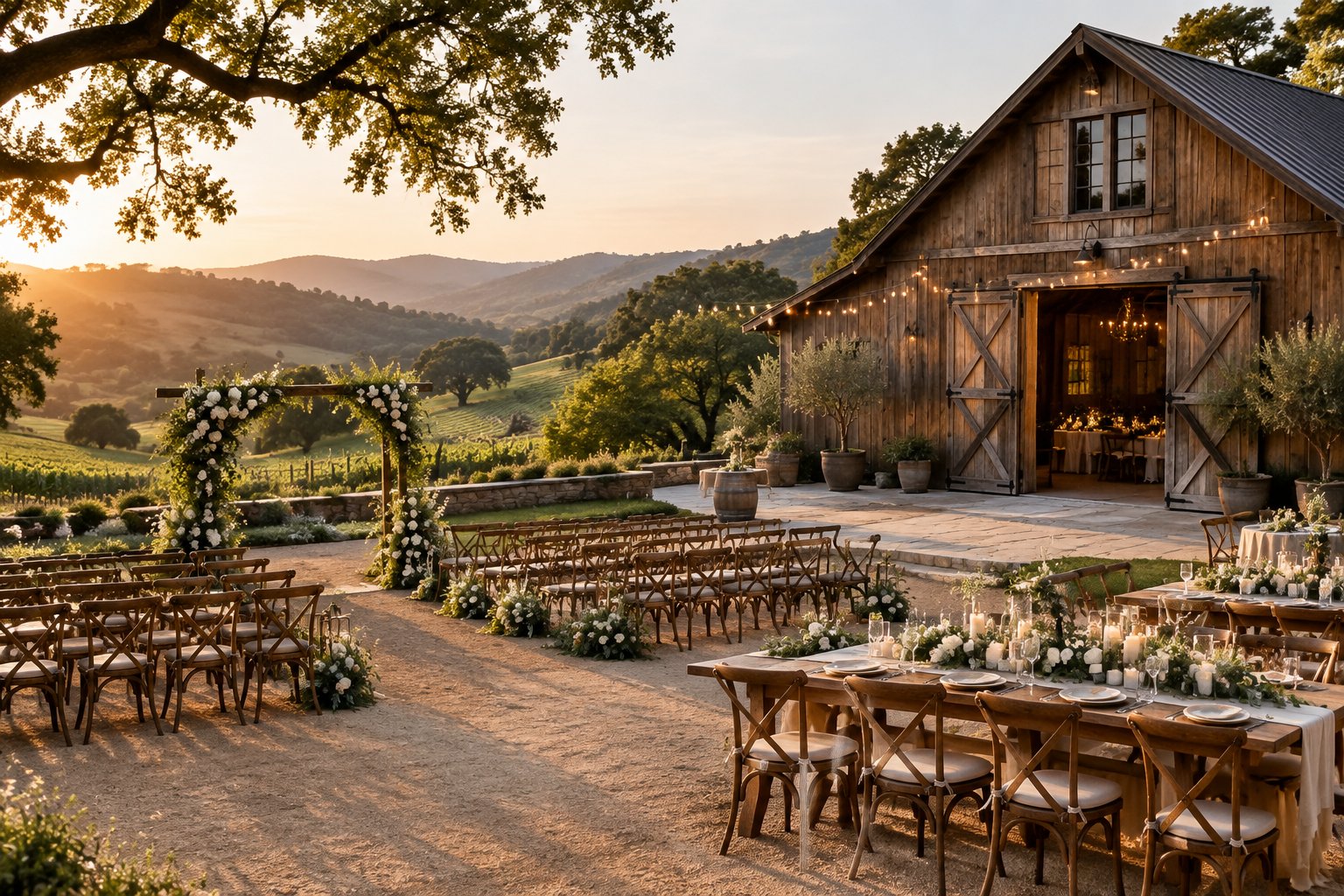 A rustic barn wedding venue with outdoor ceremony chairs, floral decorations, and reception tables among green hills.