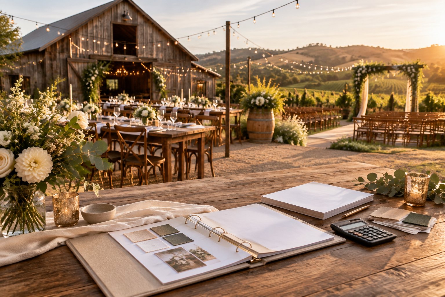 Rustic barn wedding venue with an outdoor reception setup, rolling hills, and wedding planning materials on a wooden table.