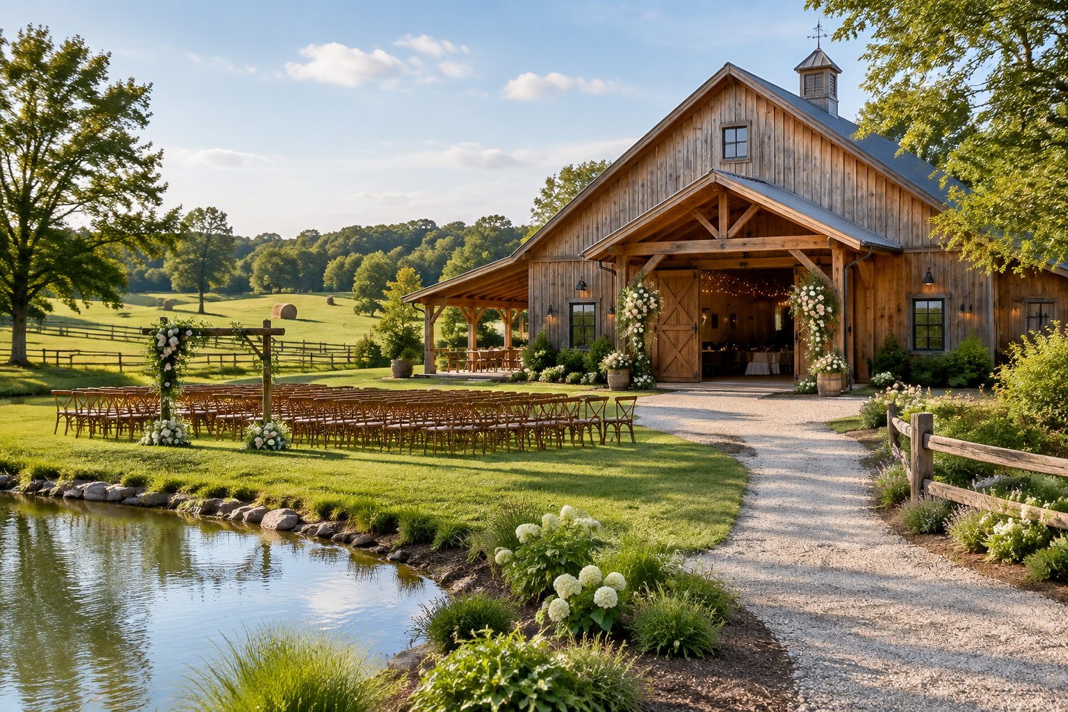A rustic barn wedding venue with floral decorations, outdoor ceremony seating, green fields, and a pond.