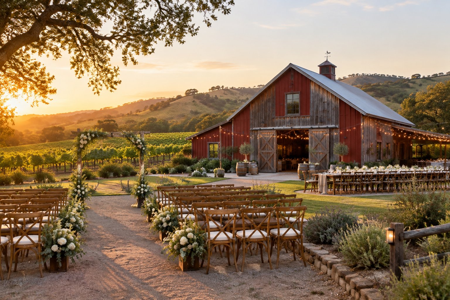 A rustic barn wedding venue surrounded by green hills, oak trees, and vineyards, with decorated ceremony chairs and a floral arch.