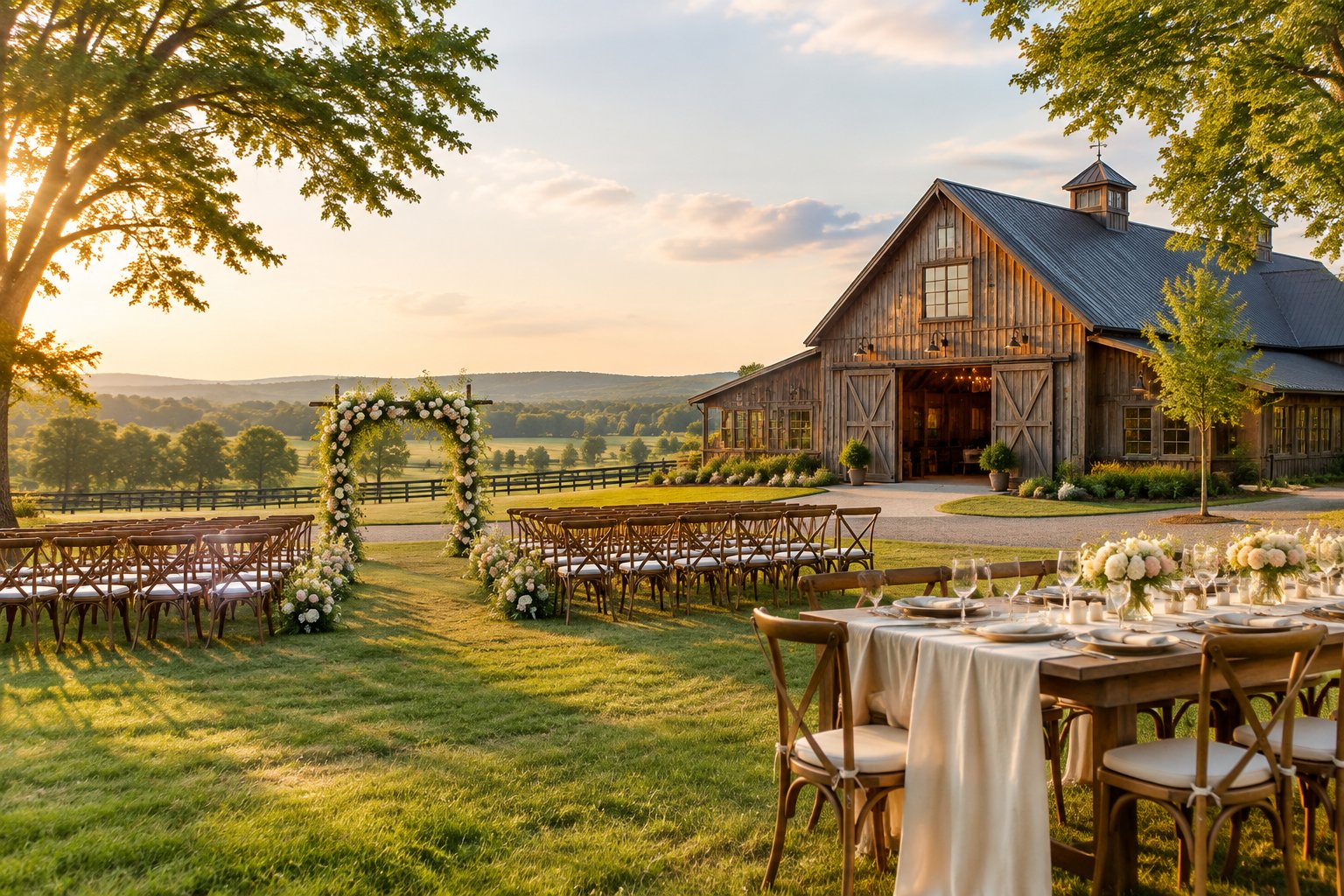 A rustic barn wedding venue with an outdoor ceremony area, floral arch, and decorated reception table in a green farm landscape.