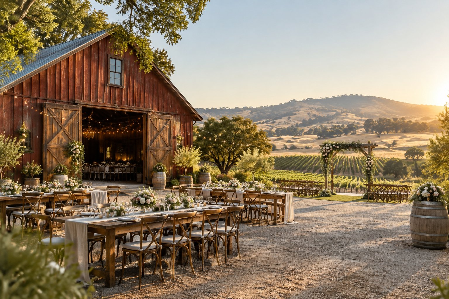 A rustic barn wedding venue surrounded by vineyards, oak trees, and golden hills.