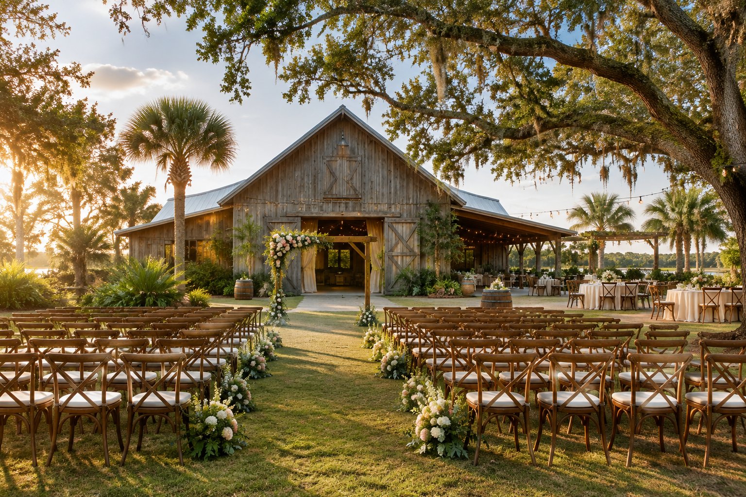 Rustic barn wedding venue with an outdoor ceremony setup, floral arbor, wooden chairs, and lush greenery.