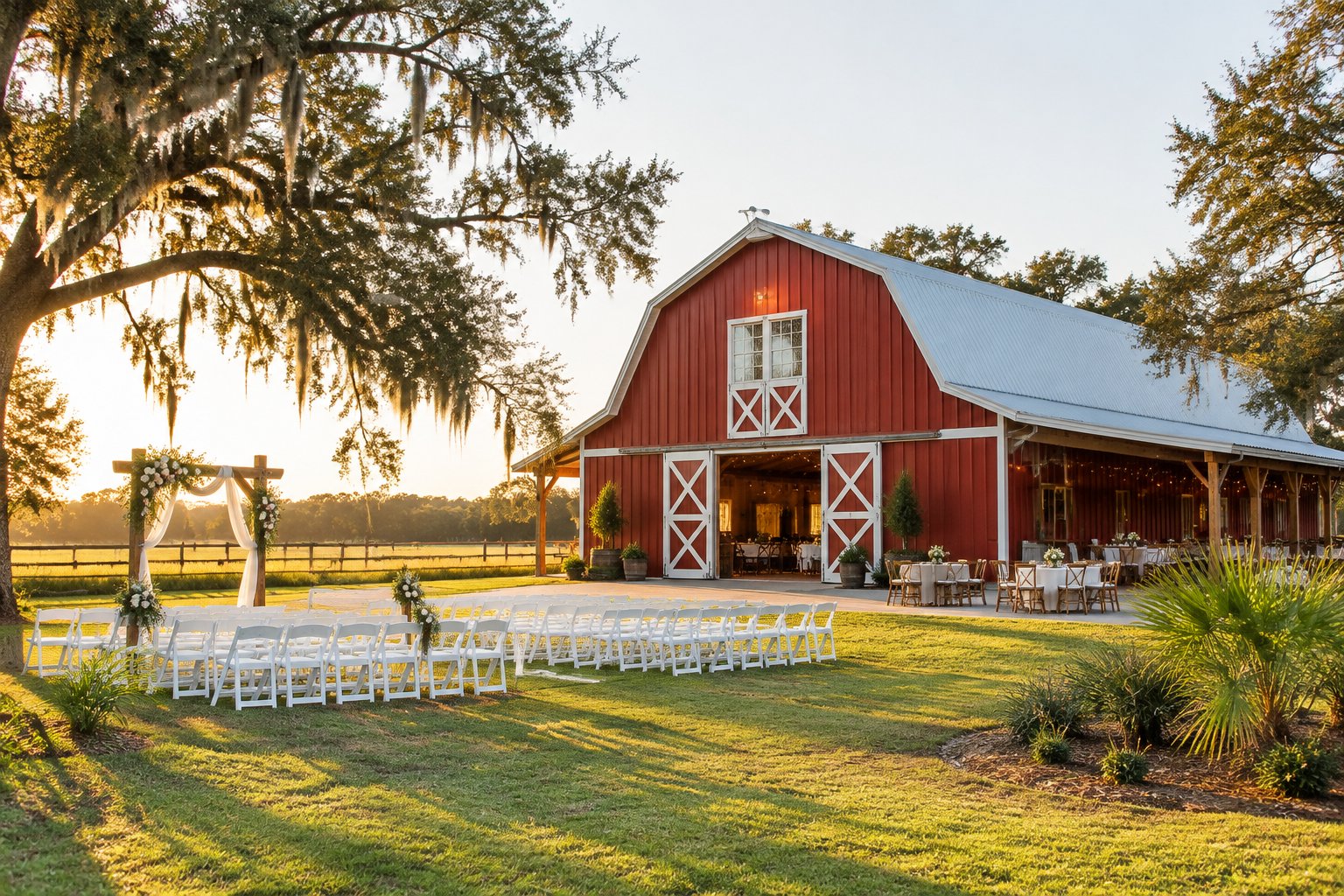 A rustic barn wedding venue surrounded by green pasture, oak trees, and an outdoor ceremony setup.