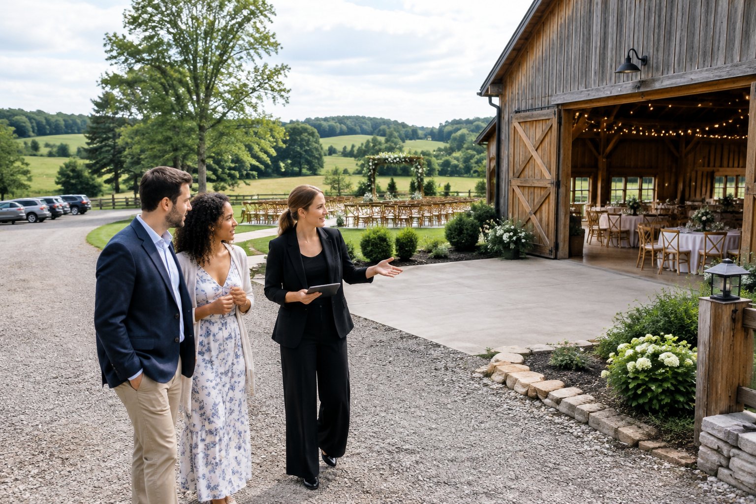 A couple and venue coordinator inspect a rustic barn wedding venue and its surrounding farm grounds.