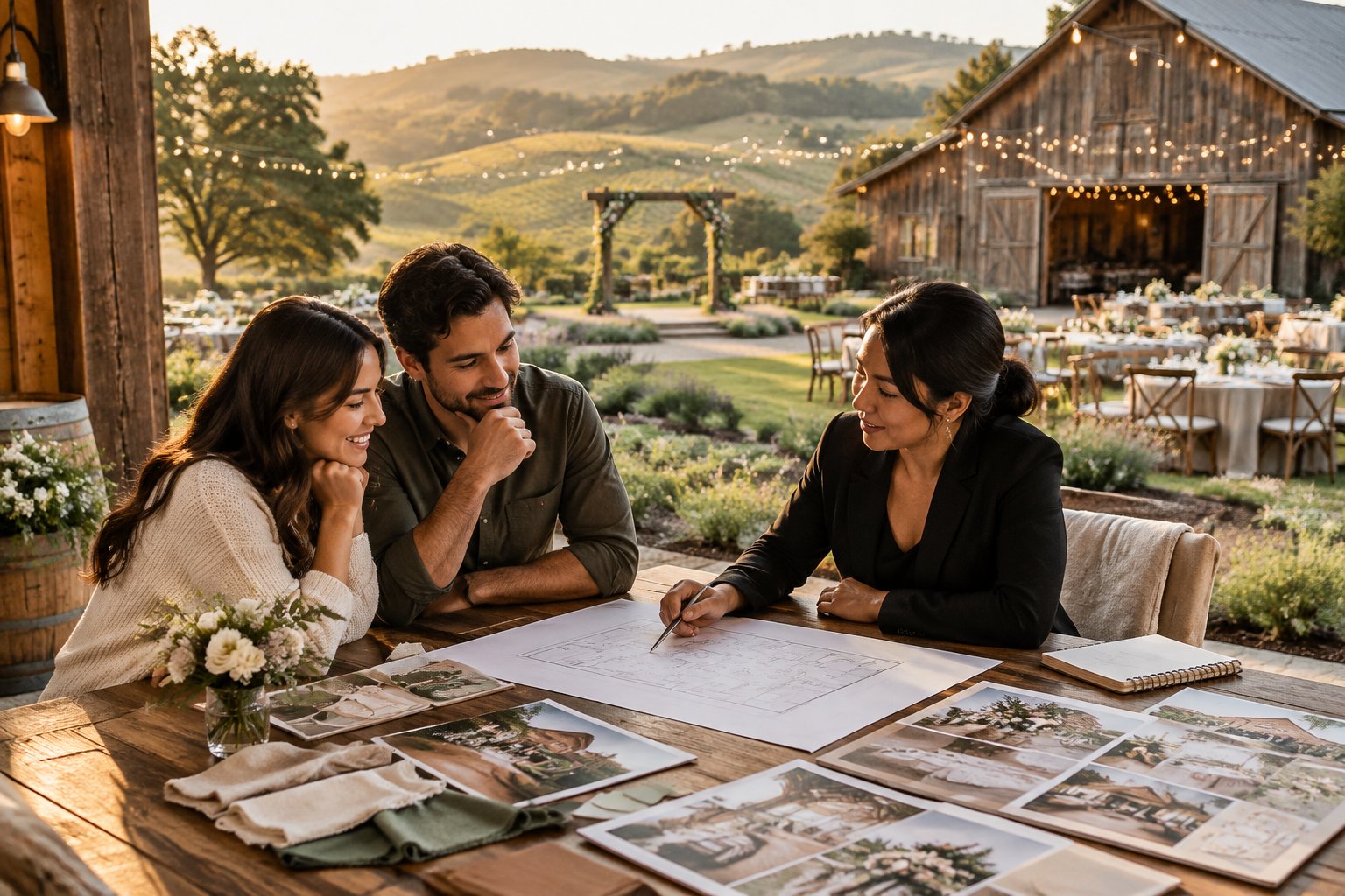 A couple and wedding planner review venue details outside a rustic barn surrounded by meadow and rolling hills.