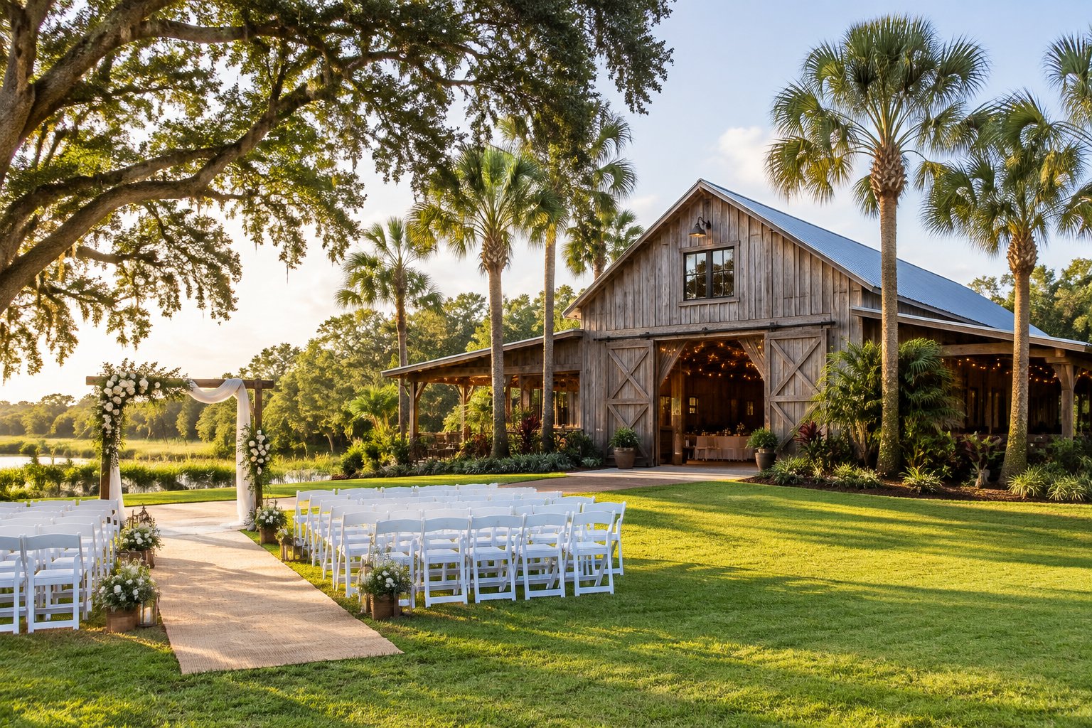 A rustic barn wedding venue surrounded by greenery with white ceremony chairs and a floral arch.