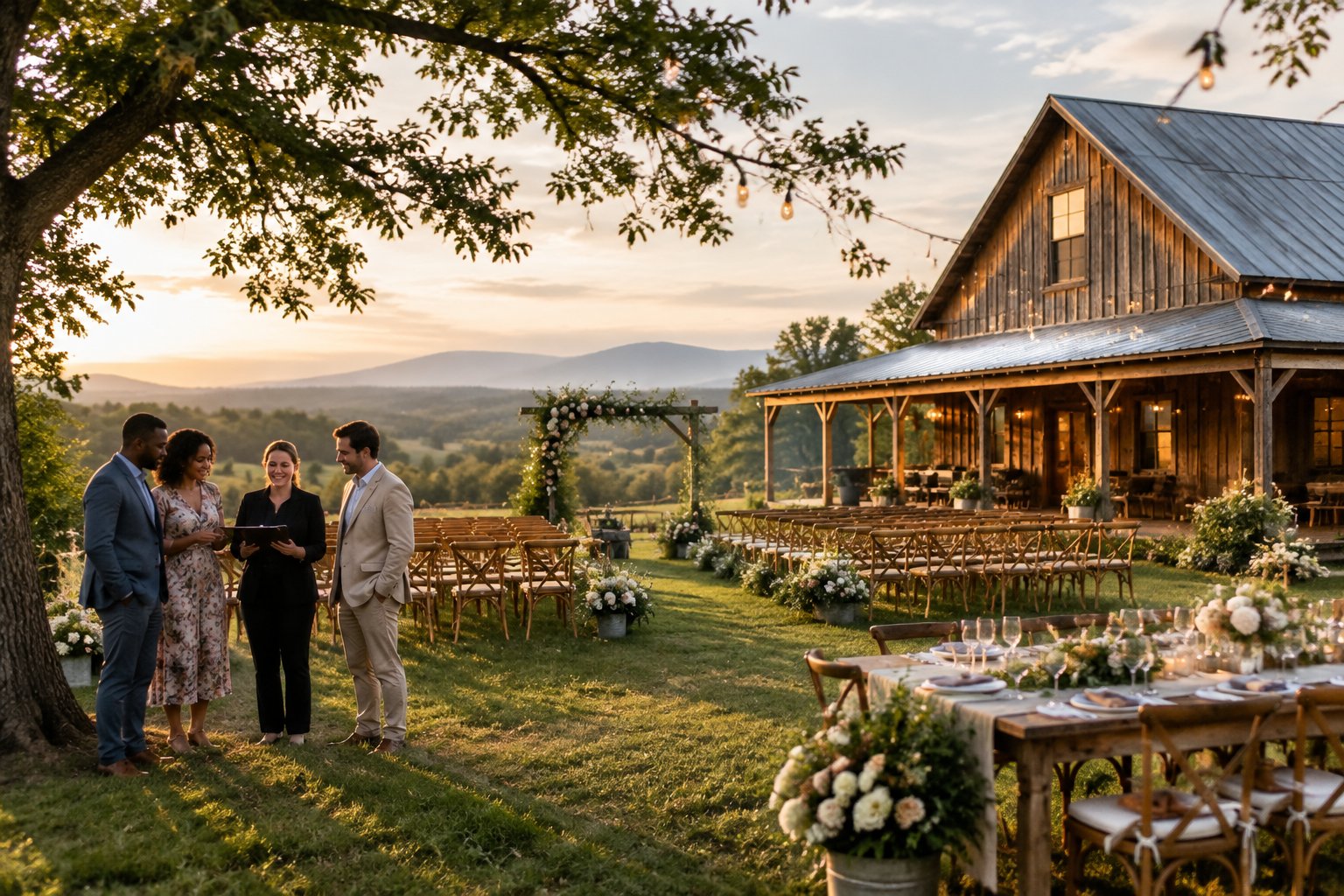 A couple and venue coordinator explore a decorated barn wedding venue surrounded by fields and trees.