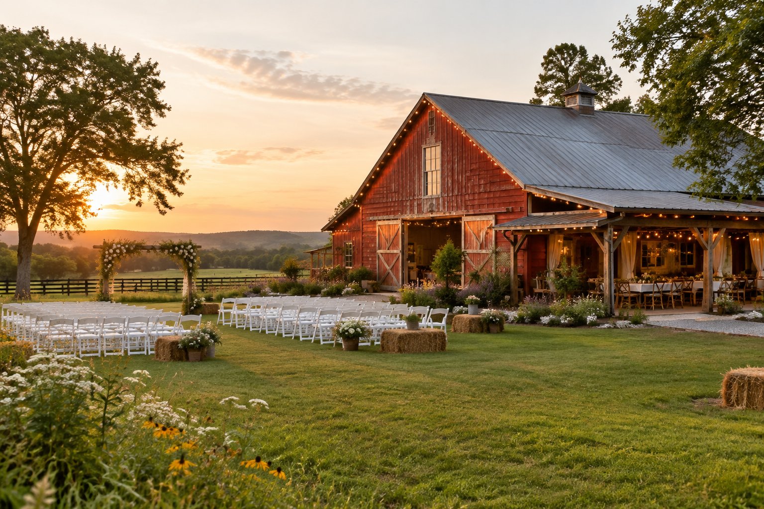 A rustic barn wedding venue with white ceremony chairs, floral decorations, string lights, and farmland in the background.