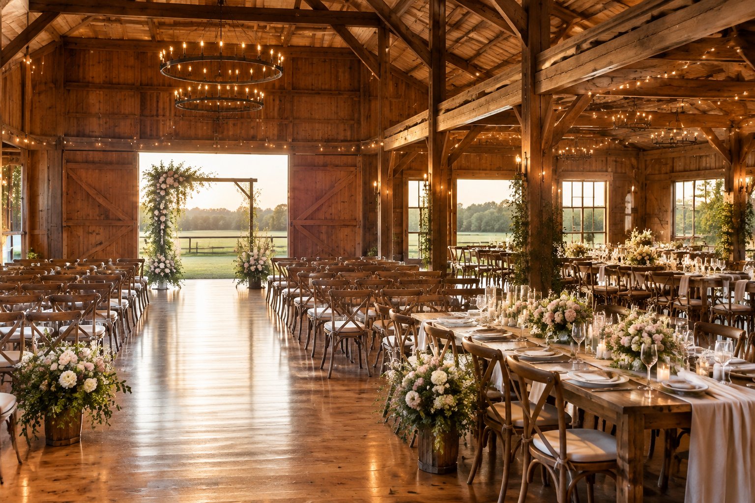 Rustic barn wedding venue with a floral ceremony arbor, guest seating, and elegantly set reception tables.