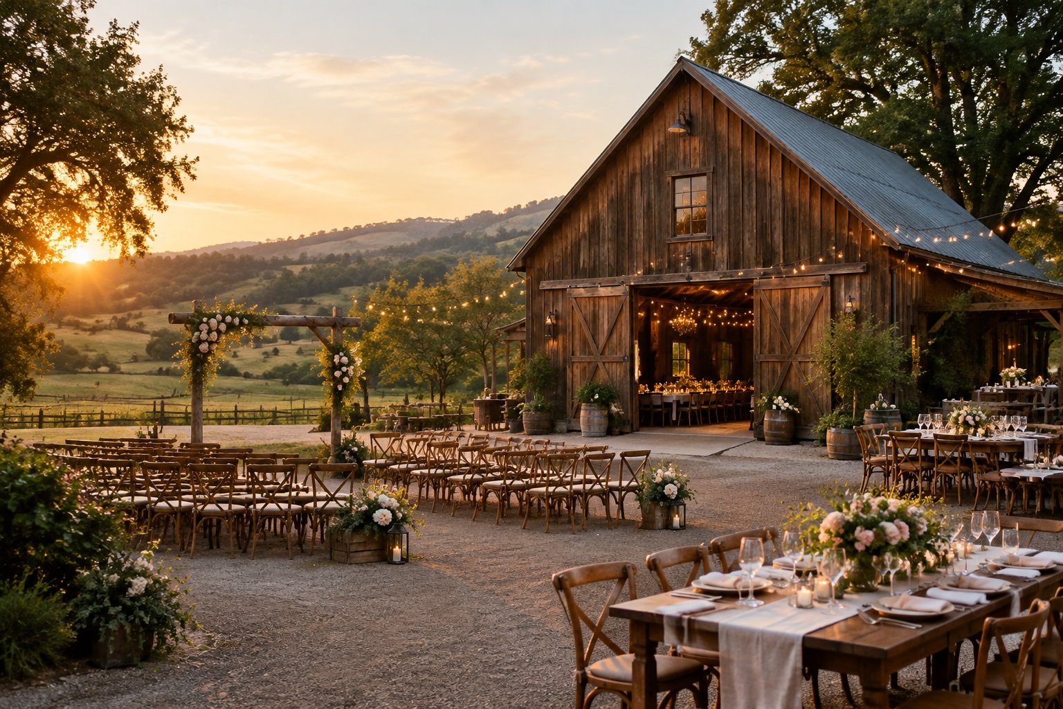 A decorated barn wedding venue with a flower-covered ceremony arbor, guest chairs, and reception tables at sunset.