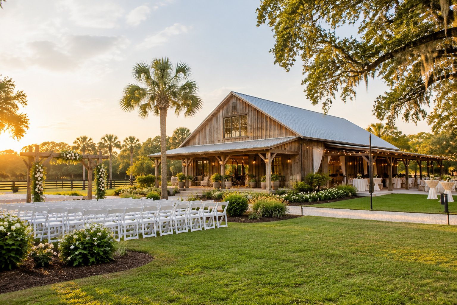 A rustic barn wedding venue with outdoor ceremony seating and landscaped grounds.
