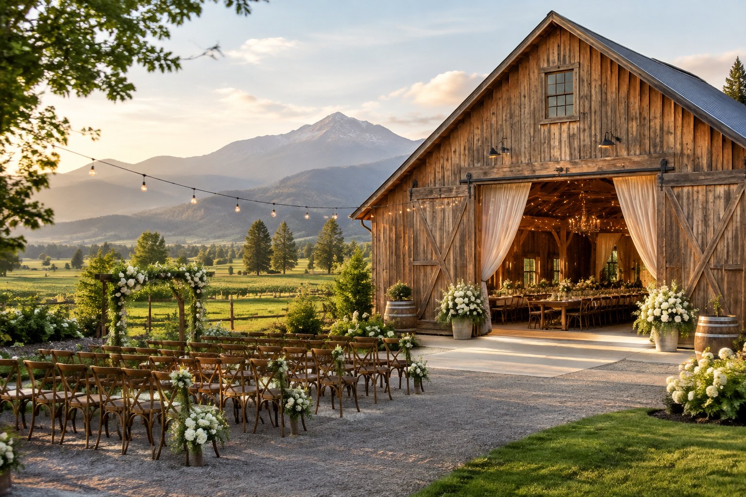 A rustic barn wedding venue surrounded by green farmland and mountain foothills.