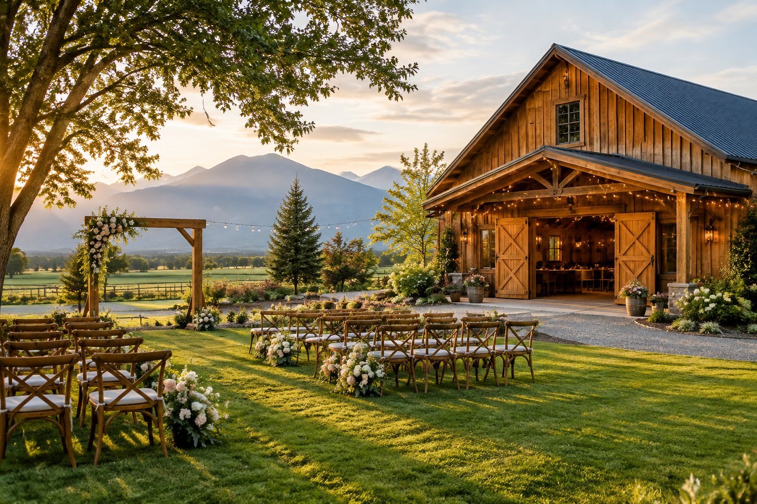 A rustic barn wedding venue with outdoor ceremony seating, greenery, and mountains in the background.