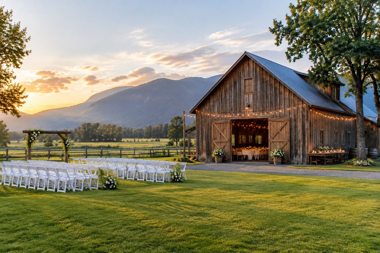 A rustic barn wedding venue surrounded by green farmland and mountain foothills.