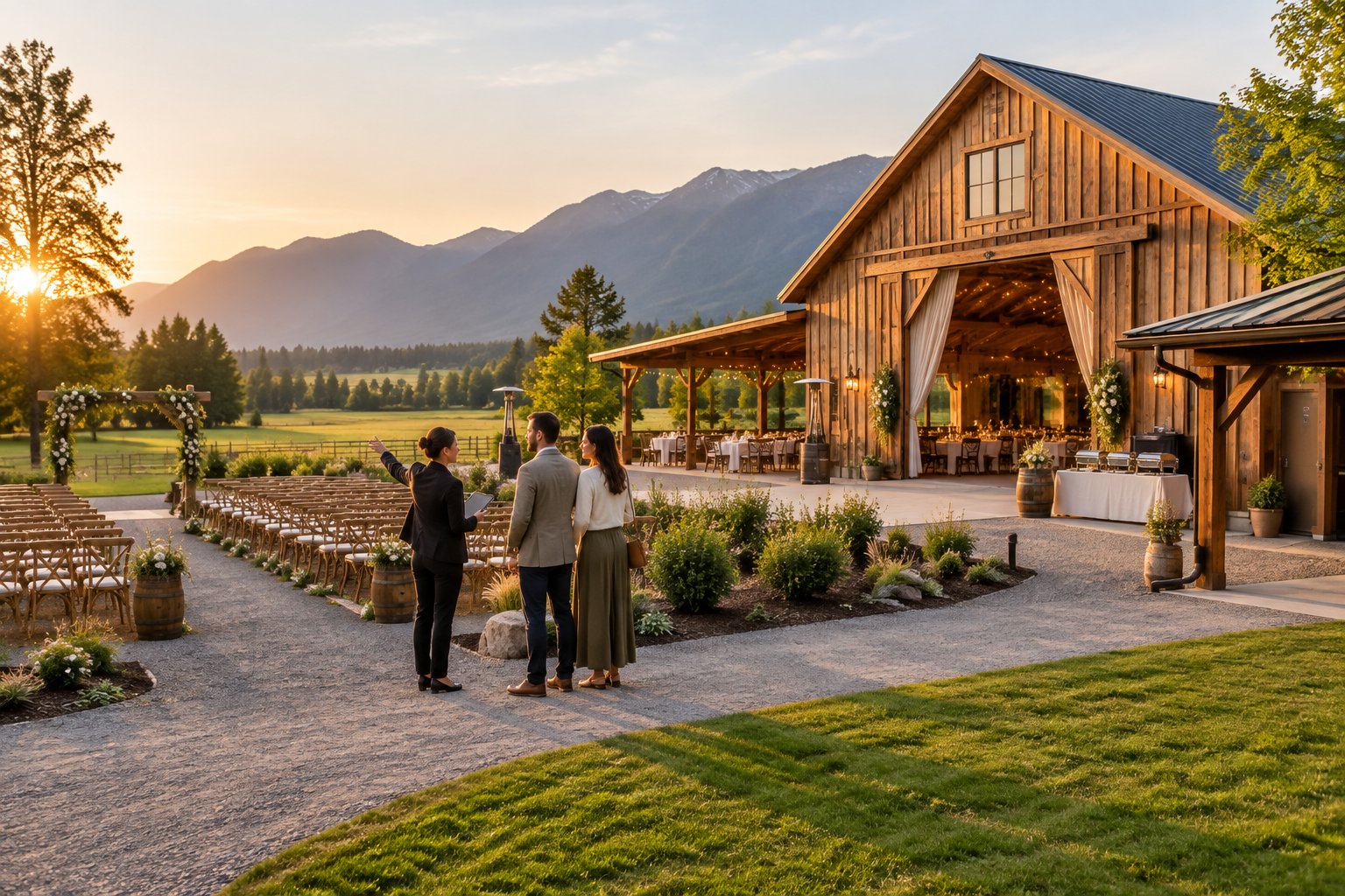 A couple and venue coordinator inspect a rustic barn wedding venue surrounded by farmland and mountains.