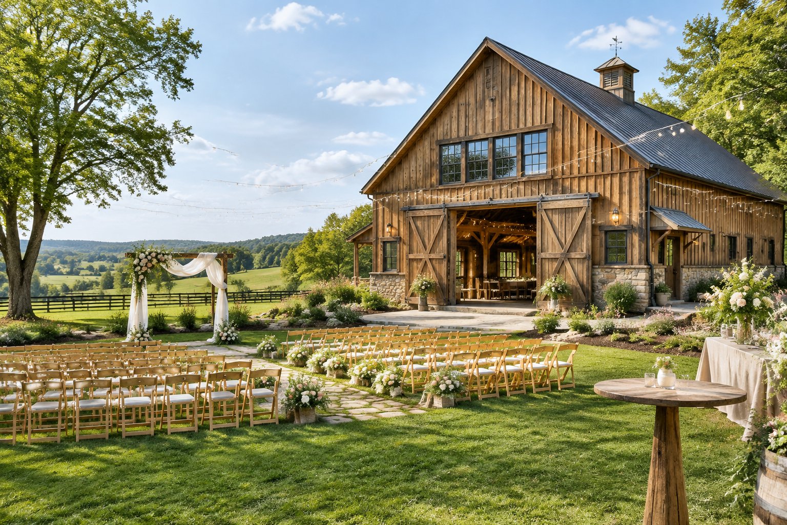A rustic barn wedding venue with outdoor ceremony seating, a floral arch, green fields, and trees.