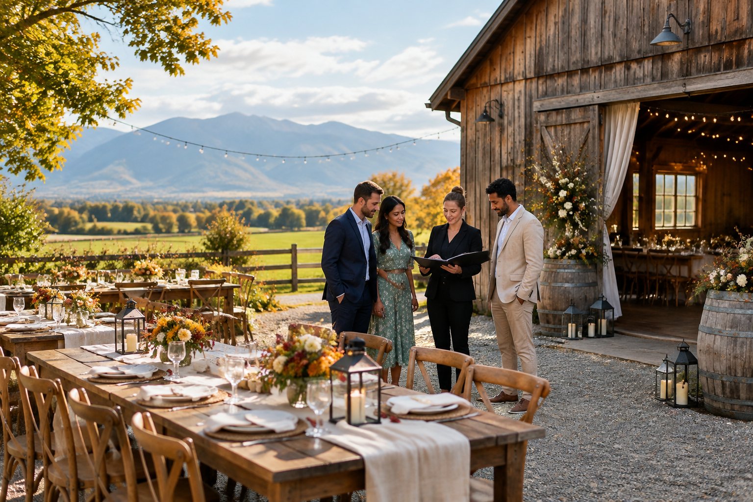 A couple and wedding planner review arrangements beside a rustic barn wedding venue surrounded by farmland and mountains.