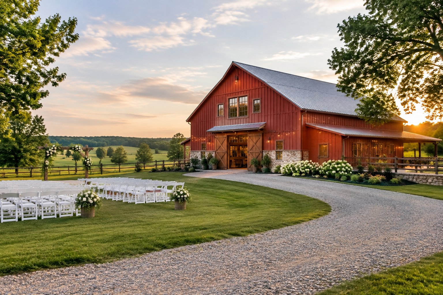 A restored red barn wedding venue surrounded by green farmland, with white ceremony chairs and a floral arch.