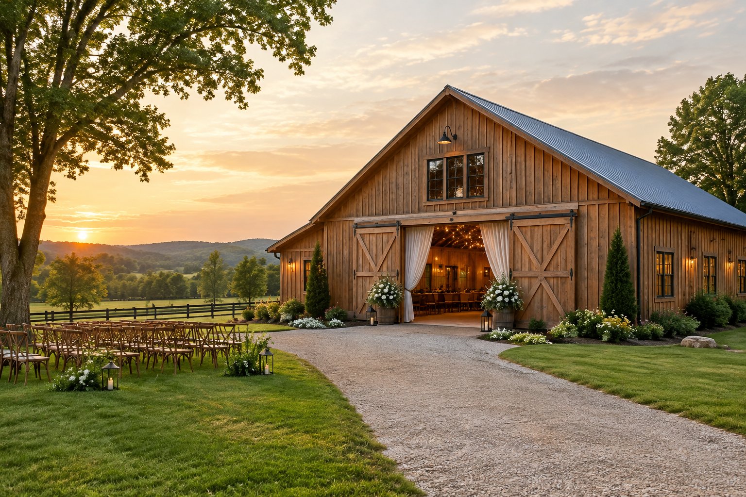 A rustic barn wedding venue surrounded by green fields, trees, flowers, and outdoor seating.