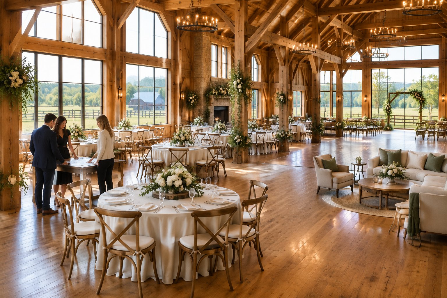 A spacious rustic barn wedding venue with multiple seating areas and people reviewing the room layout.