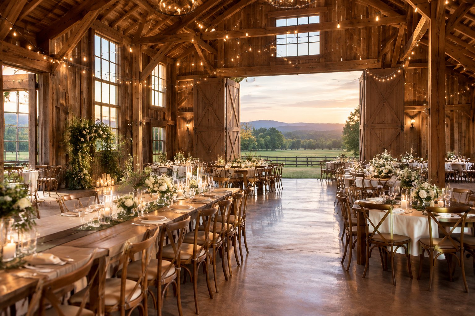 A decorated timber barn wedding venue with long tables, floral arrangements, and warm lights.