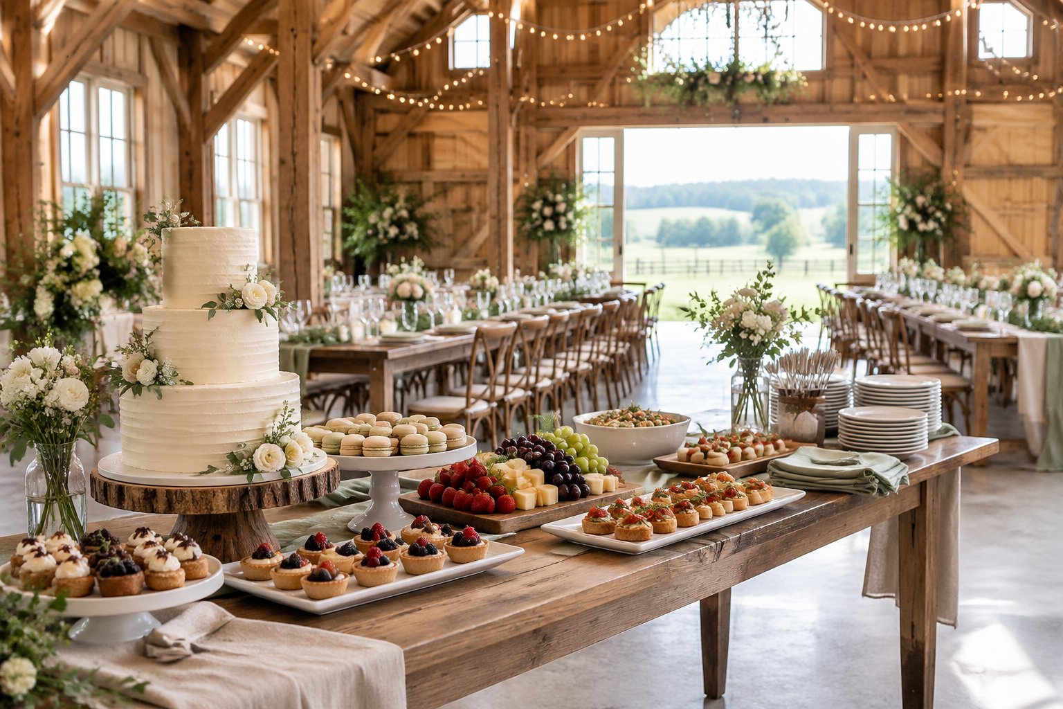 Rustic barn wedding reception table with a decorated cake, catered appetizers, flowers, and dinnerware.