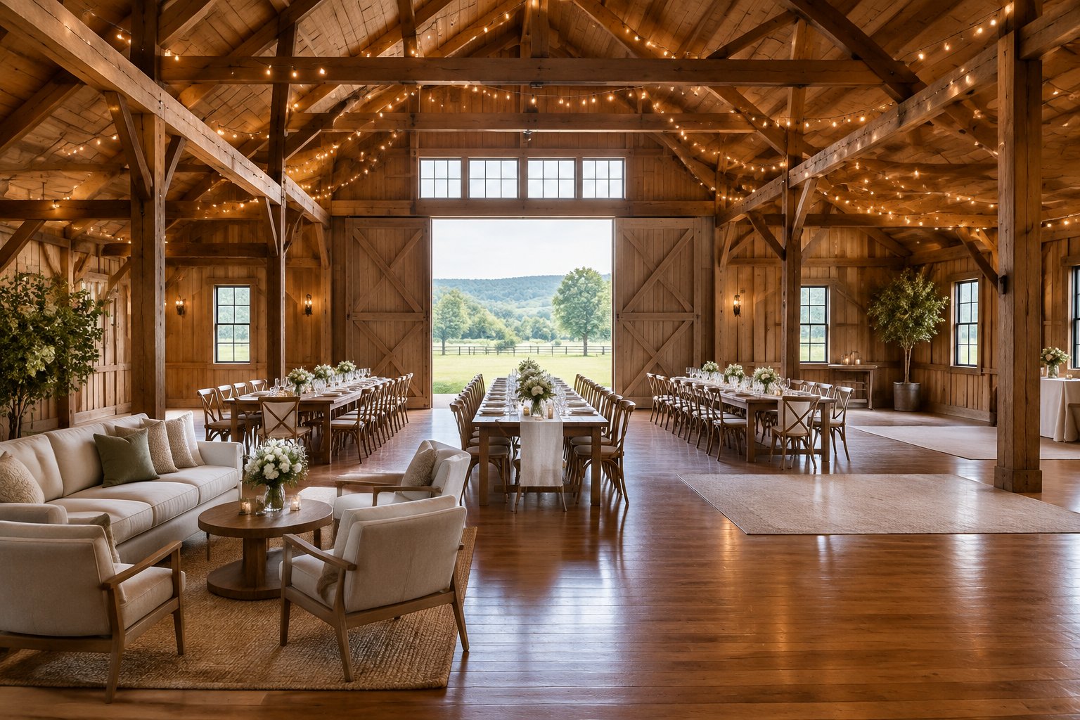 A spacious barn wedding venue arranged with dining tables, lounge seating, and an open area for guests.