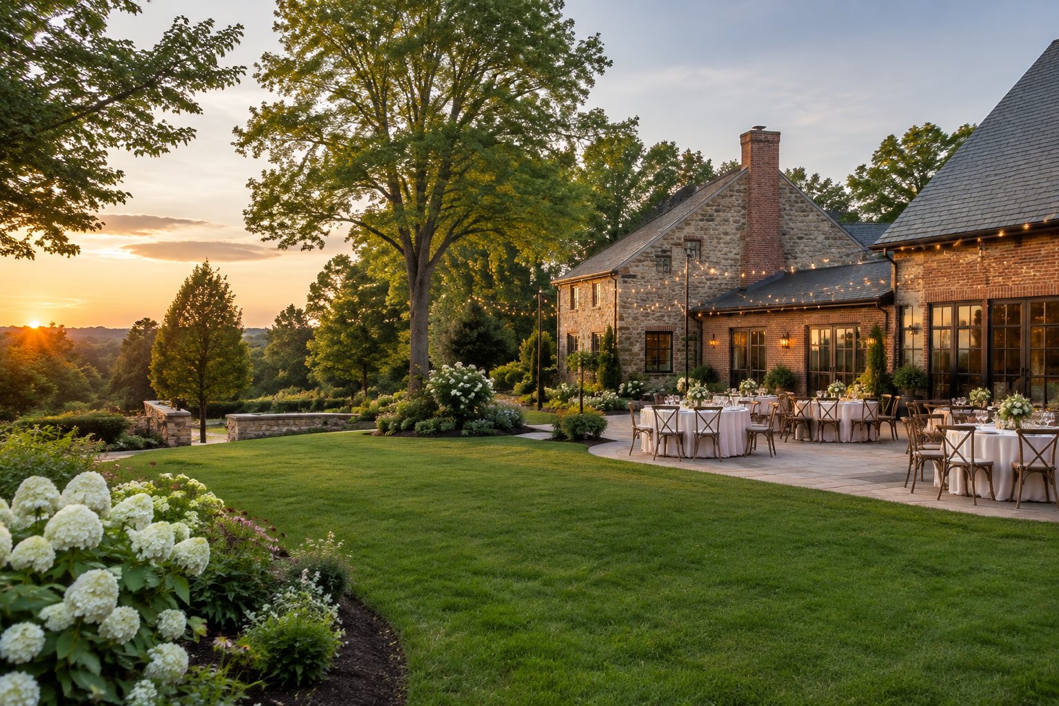 An elegant outdoor wedding venue with a historic building, landscaped gardens, and a decorated reception terrace.