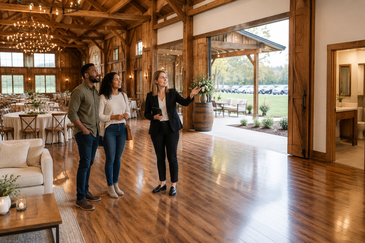 A couple tours a rustic barn wedding venue with a coordinator while reviewing its facilities.