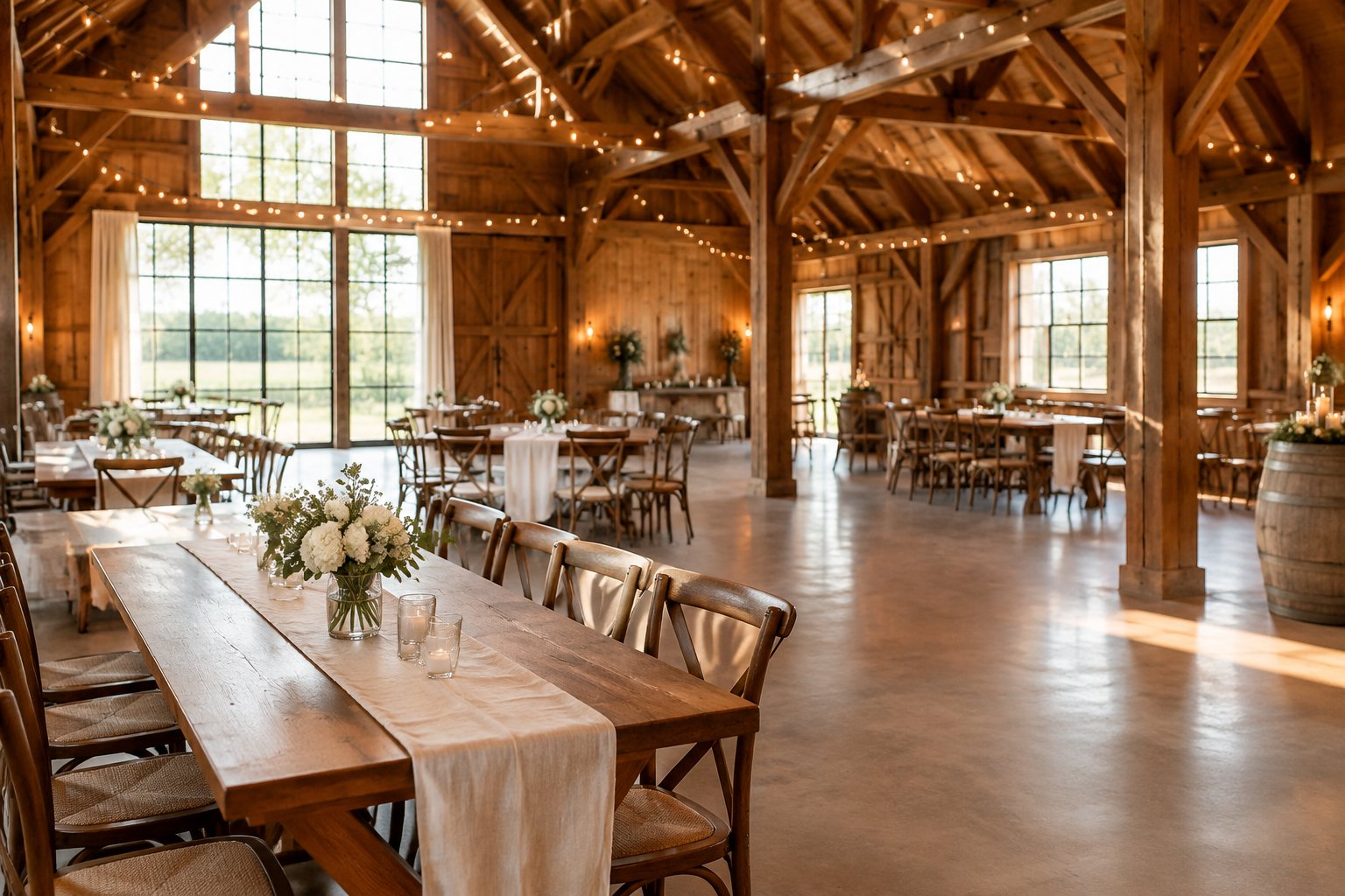 A simply decorated wooden barn wedding reception venue with tables, greenery, flowers, and warm lights.