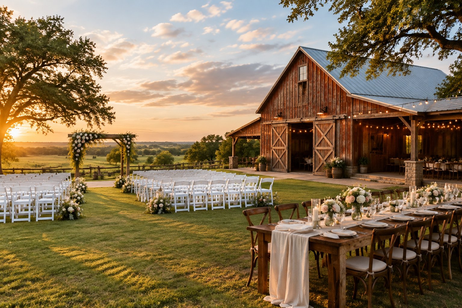 A rustic barn wedding venue with an outdoor ceremony setup, floral arbor, white chairs, and decorated reception tables surrounded by green Texas countryside.