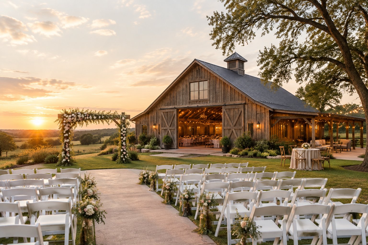 A rustic barn wedding venue with an outdoor ceremony setup, floral arch, white chairs, and warmly lit reception space.